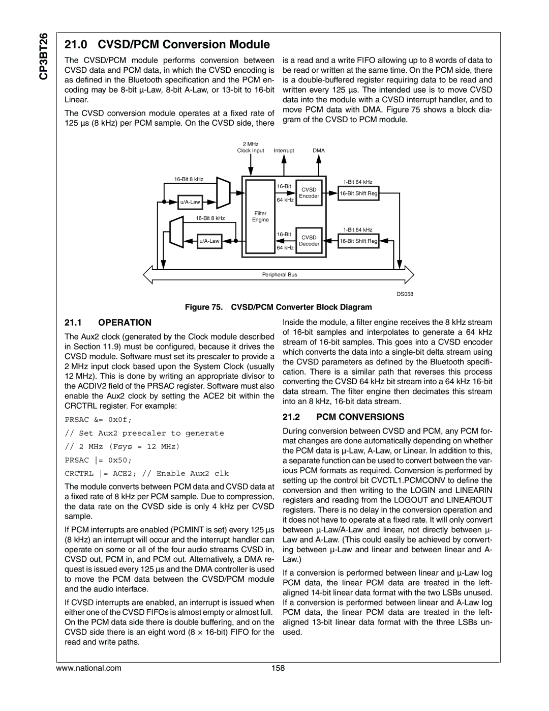 National CP3BT26 manual CVSD/PCM Conversion Module, Operation, PCM Conversions 