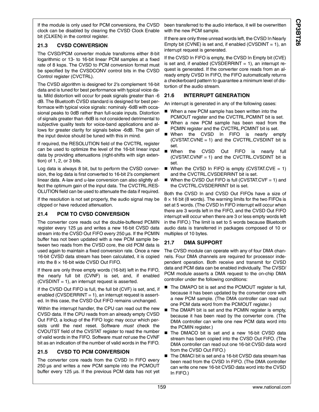 National CP3BT26 manual PCM to Cvsd Conversion, Cvsd to PCM Conversion, Interrupt Generation, DMA Support 