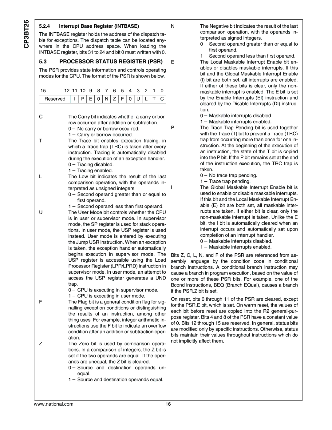 National CP3BT26 manual Processor Status Register PSR, Interrupt Base Register Intbase, 12 11 Reserved 