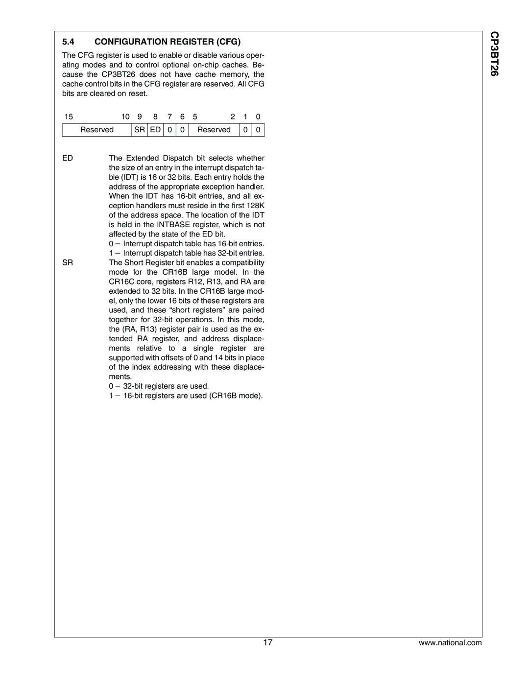 National CP3BT26 Configuration Register CFG, When the IDT has 16-bit entries, and all ex, Mode for the CR16B large model 