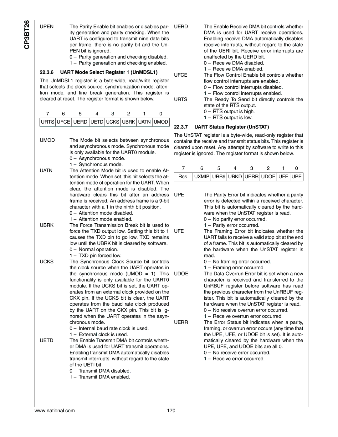 National CP3BT26 manual Uart Mode Select Register 1 UnMDSL1, Uart Status Register UnSTAT 