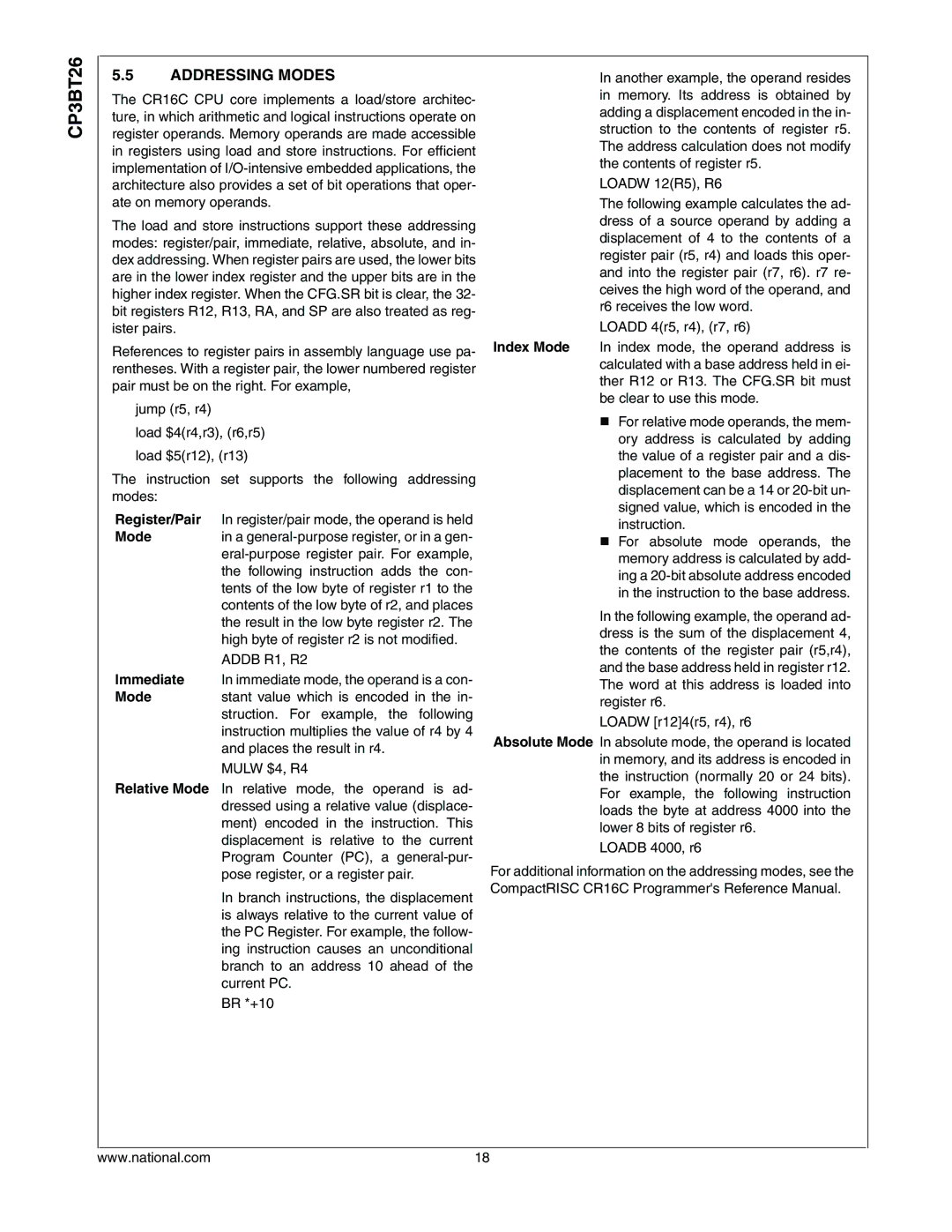 National CP3BT26 manual Addressing Modes, Addb R1, R2, Loadw 12R5, R6 