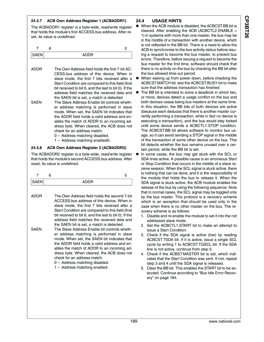 National CP3BT26 manual Usage Hints, ACB Own Address Register 1 ACBADDR1, Saen Addr, ACB Own Address Register 2 ACBADDR2 