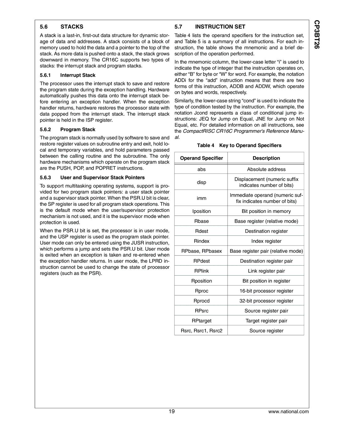 National CP3BT26 manual Stacks, Instruction SET 