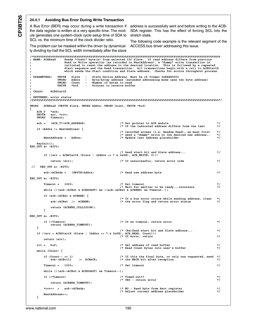 National CP3BT26 manual Avoiding Bus Error During Write Transaction, 190 