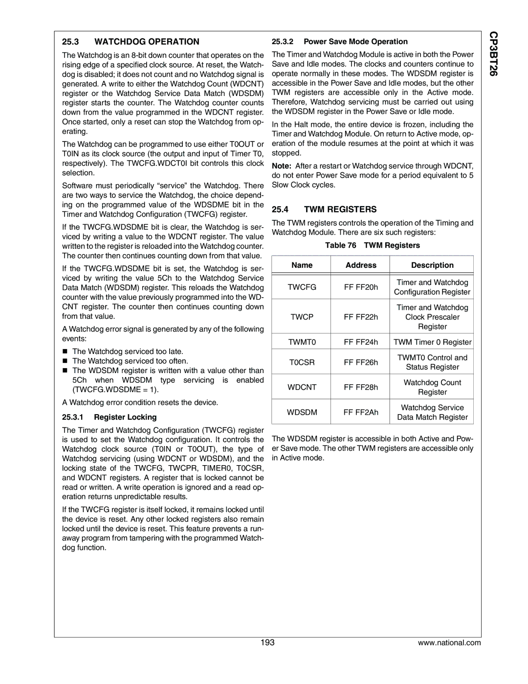 National CP3BT26 manual Watchdog Operation, TWM Registers, Register Locking, Power Save Mode Operation 