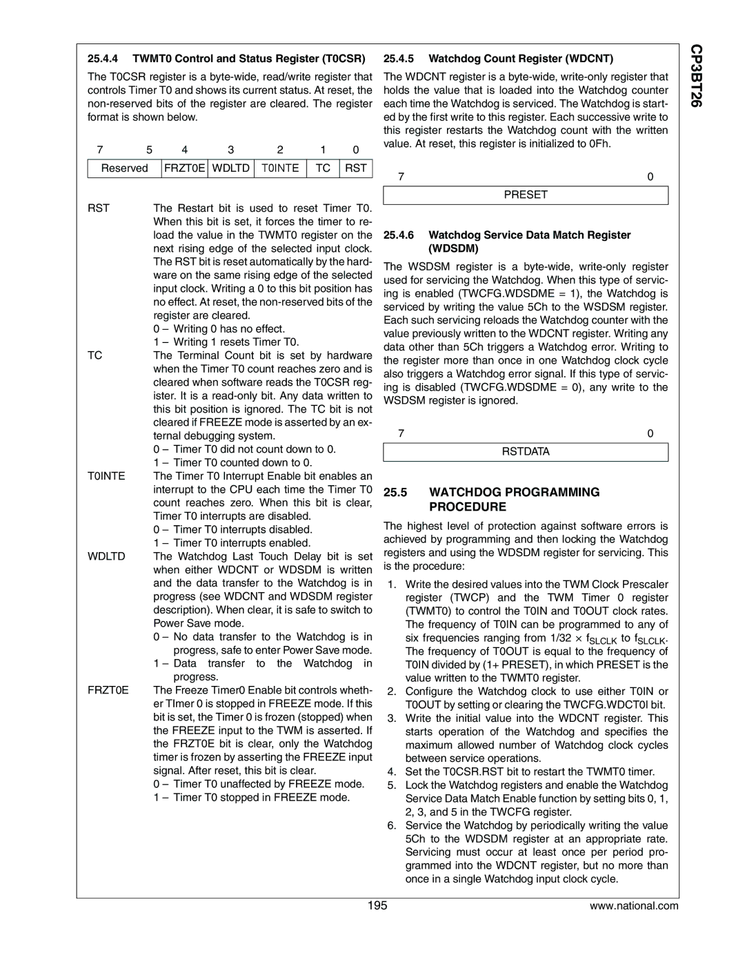 National CP3BT26 Watchdog Programming Procedure, TWMT0 Control and Status Register T0CSR, Watchdog Count Register Wdcnt 