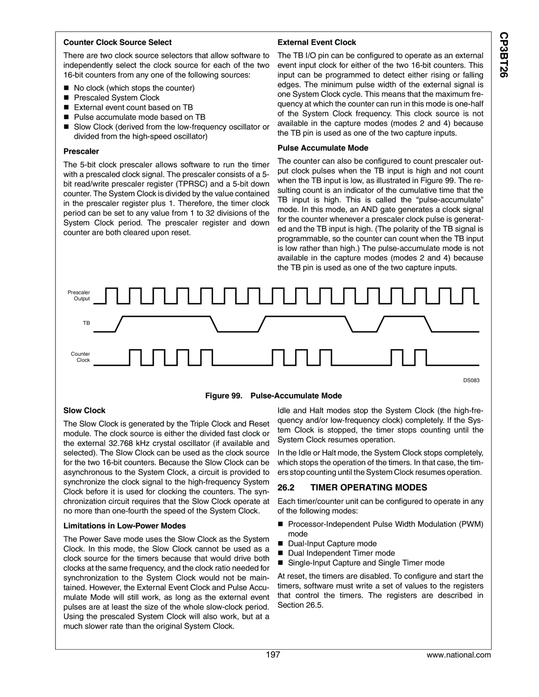 National CP3BT26 manual Timer Operating Modes, Counter Clock Source Select, External Event Clock, Pulse Accumulate Mode 