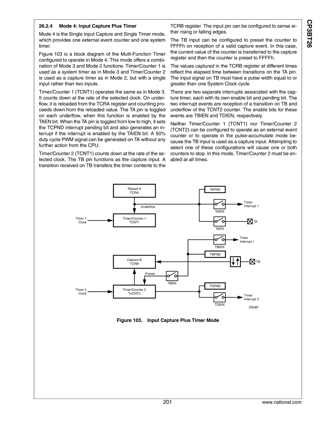 National CP3BT26 manual Mode 4 Input Capture Plus Timer, Input Capture Plus Timer Mode 