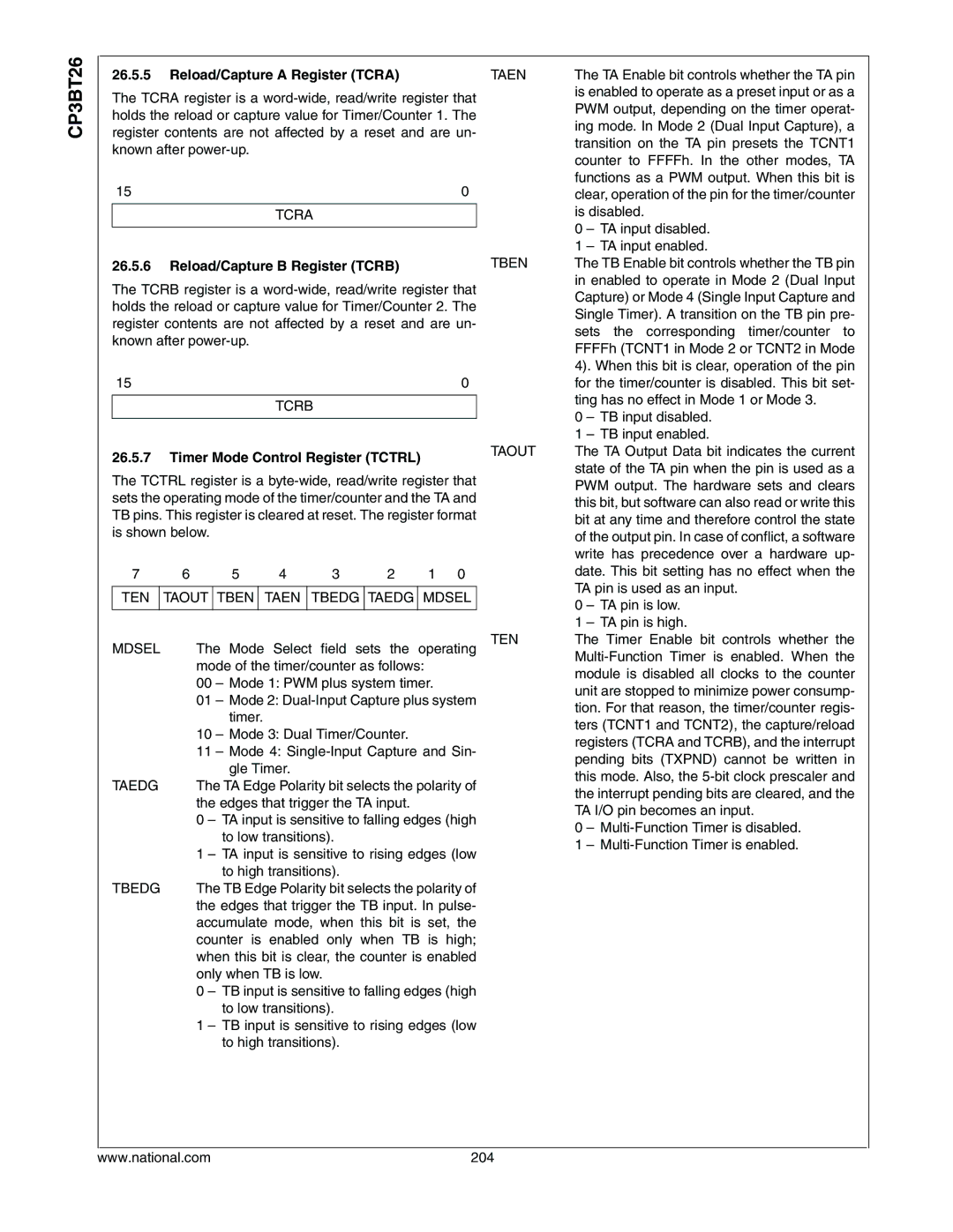 National CP3BT26 manual Reload/Capture a Register Tcra, Reload/Capture B Register Tcrb, Timer Mode Control Register Tctrl 