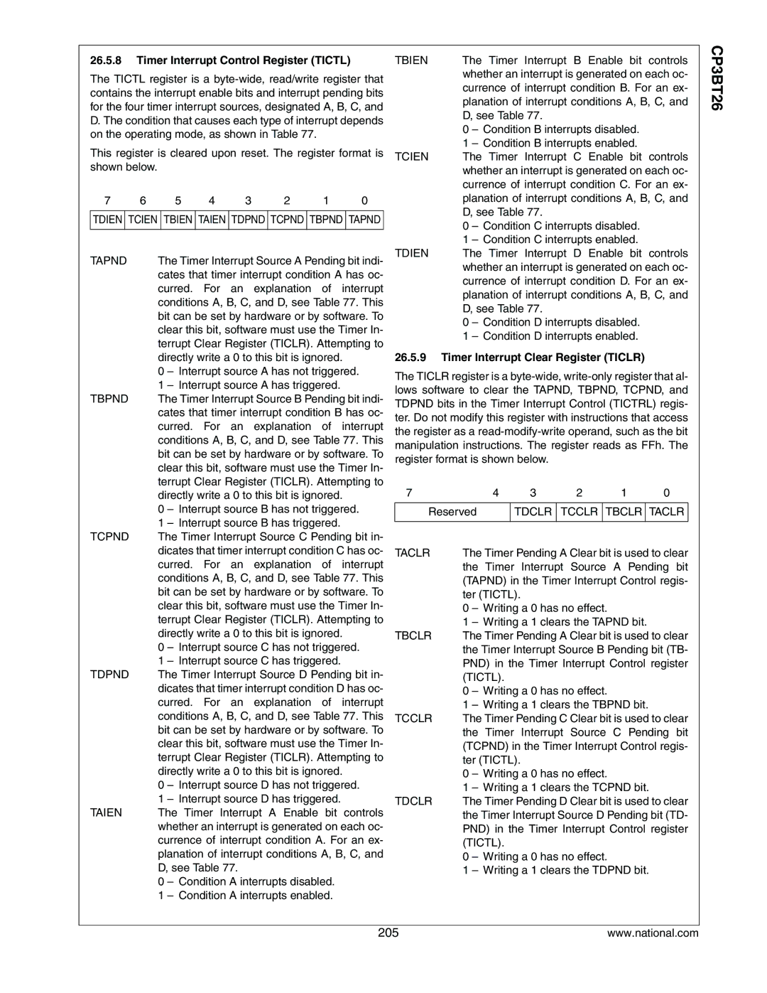 National CP3BT26 manual Timer Interrupt Control Register Tictl, Timer Interrupt Clear Register Ticlr 