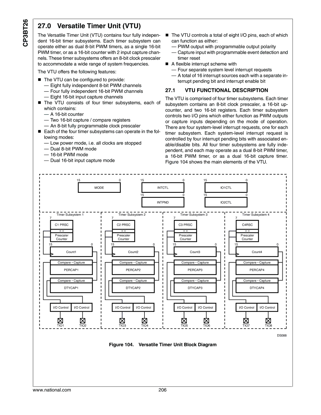 National CP3BT26 manual Versatile Timer Unit VTU, VTU Functional Description, 206 