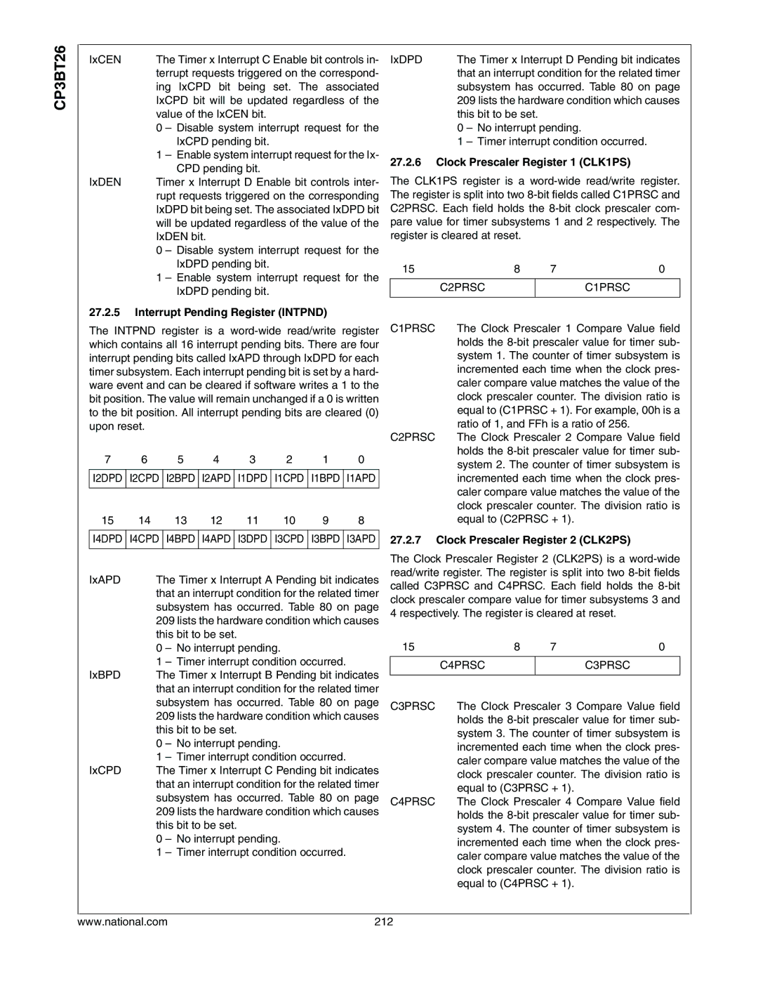 National CP3BT26 Clock Prescaler Register 1 CLK1PS, Interrupt Pending Register Intpnd, Clock Prescaler Register 2 CLK2PS 