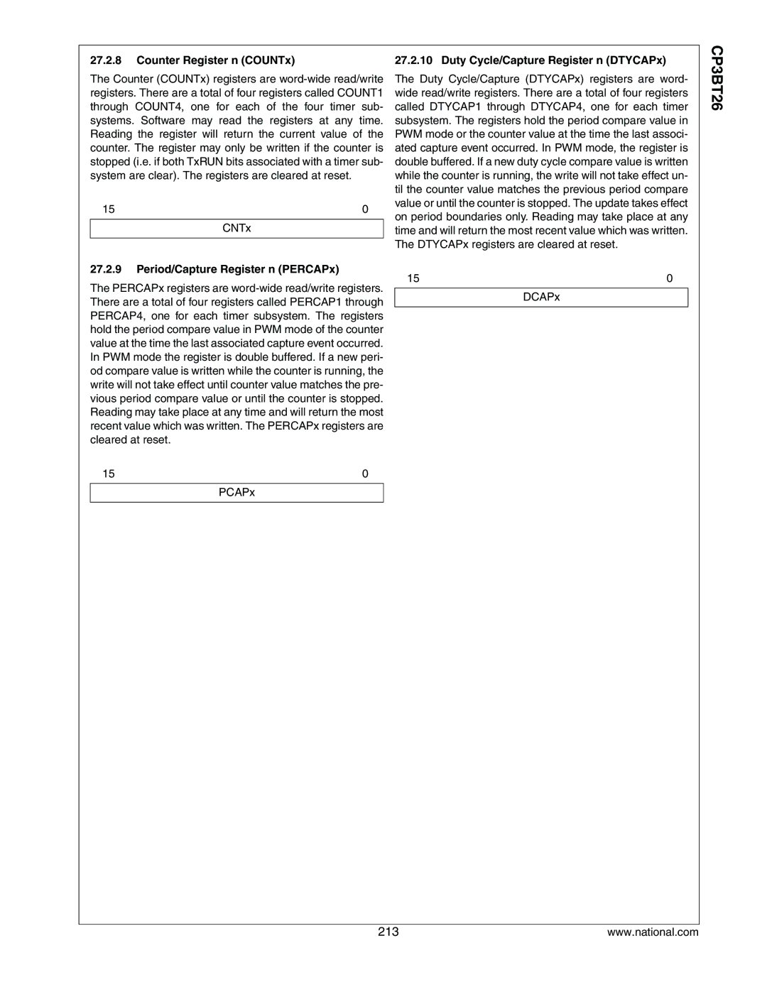 National CP3BT26 Counter Register n COUNTx, CNTx, Duty Cycle/Capture Register n DTYCAPx, Period/Capture Register n PERCAPx 