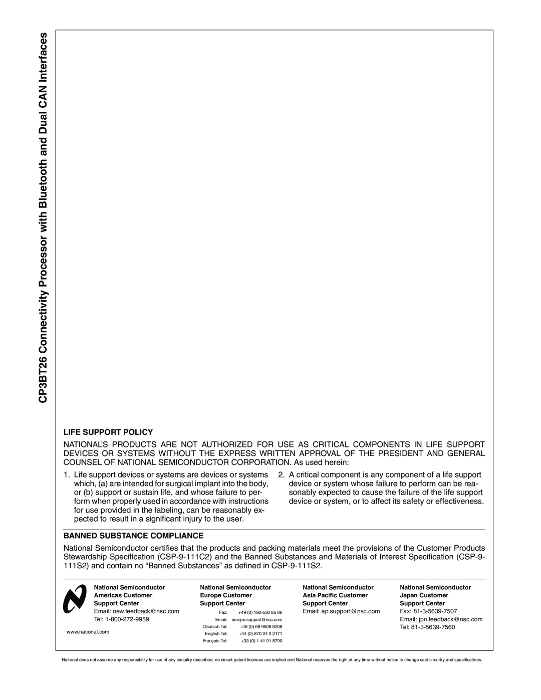 National CP3BT26 Life Support Policy, Form when properly used in accordance with instructions, Banned Substance Compliance 