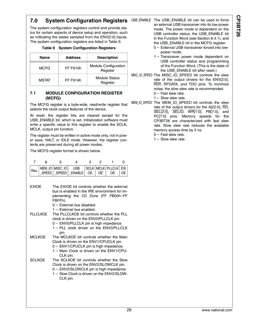 National CP3BT26 manual System Configuration Registers, Module Configuration Register Mcfg 