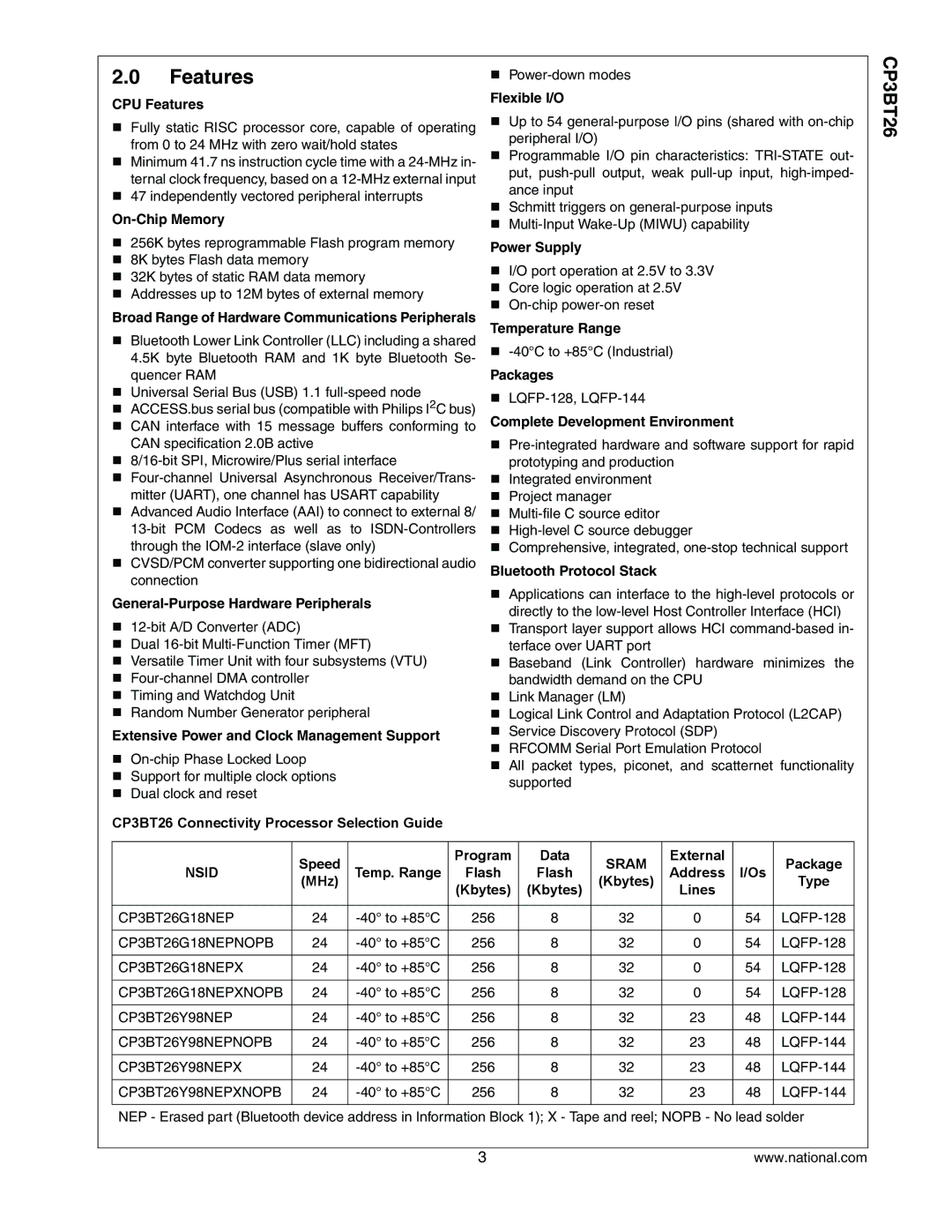 National CP3BT26 manual Features 