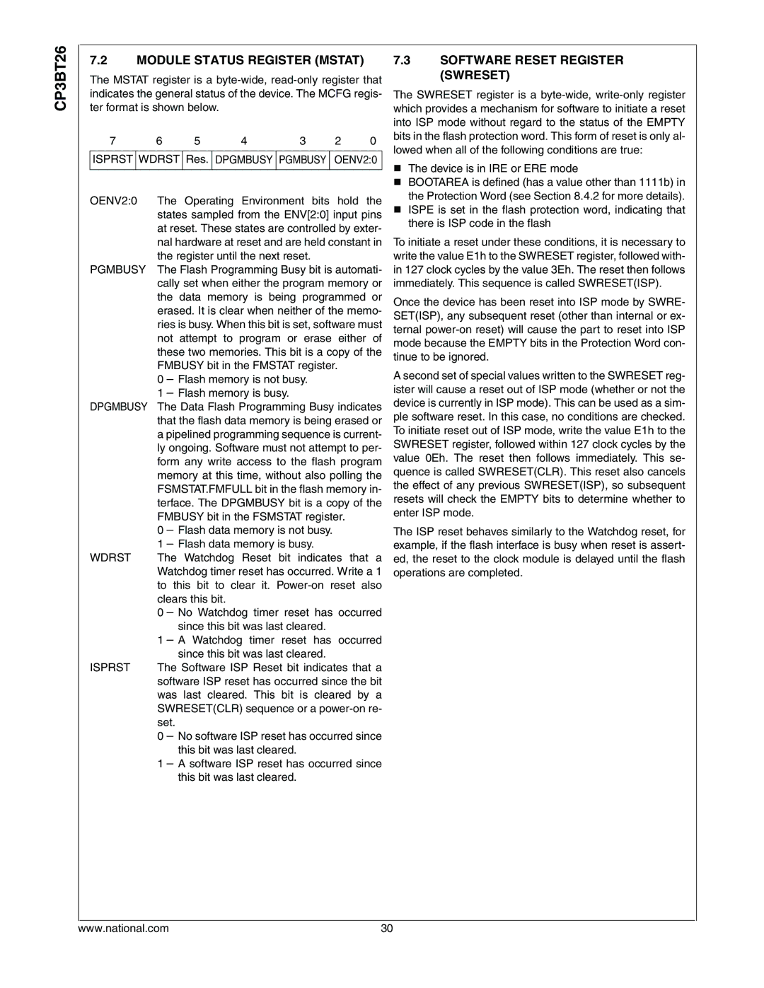 National CP3BT26 manual Module Status Register Mstat, Software Reset Register Swreset 