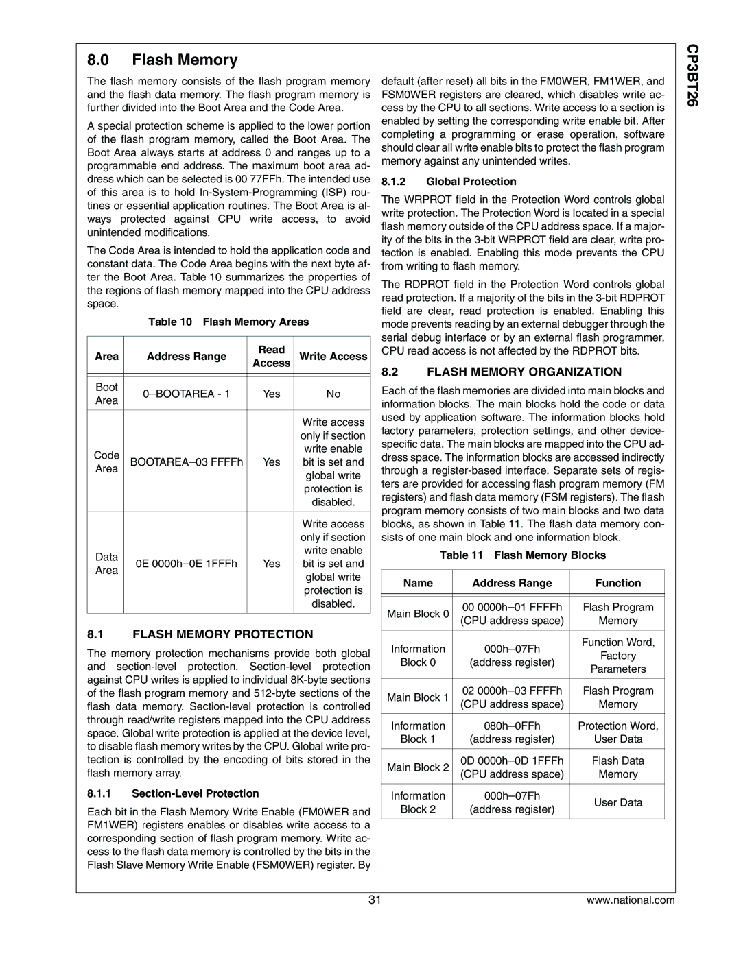 National CP3BT26 manual Flash Memory Protection, Flash Memory Organization 