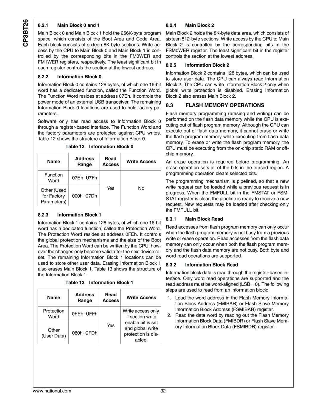 National CP3BT26 manual Flash Memory Operations 