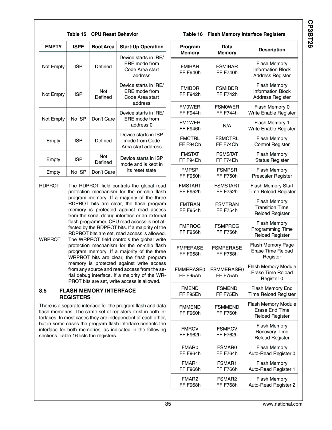 National CP3BT26 manual Flash Memory Interface Registers, CPU Reset Behavior, Empty Ispe, Boot Area Start-Up Operation 