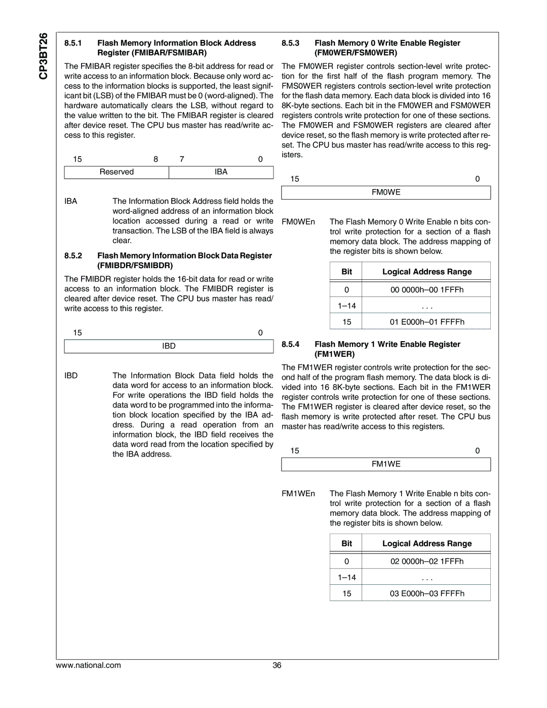 National CP3BT26 manual Flash Memory Information Block Data Register, Fmibdr/Fsmibdr, Bit Logical Address Range 