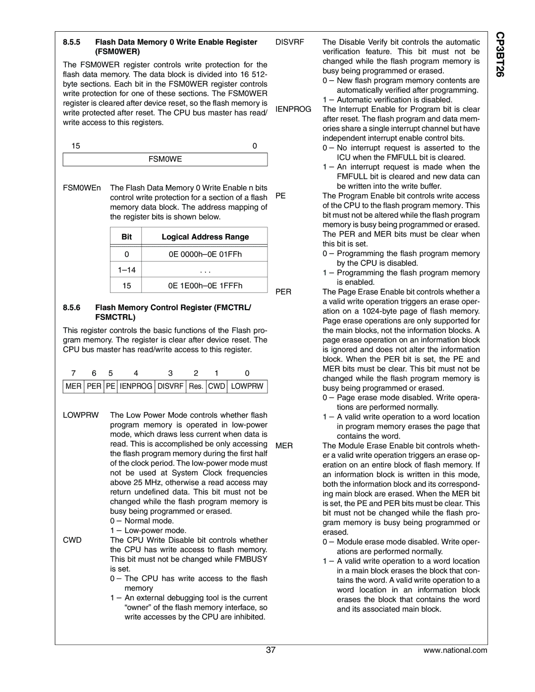 National CP3BT26 manual Flash Data Memory 0 Write Enable Register FSM0WER, Flash Memory Control Register Fmctrl, Fsmctrl 