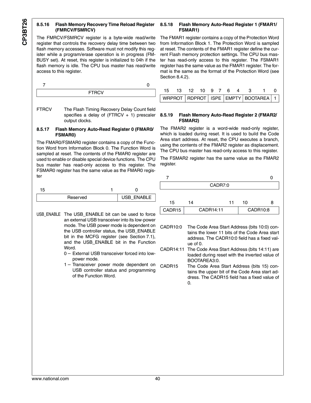 National CP3BT26 manual FMRCV/FSMRCV FSMAR1, Flash Memory Auto-Read Register 0 FMAR0/ FSMAR0 