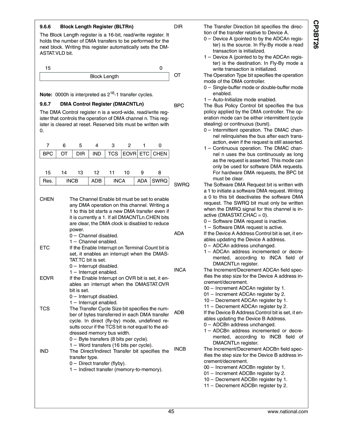 National CP3BT26 manual Block Length Register BLTRn, DMA Control Register DMACNTLn 