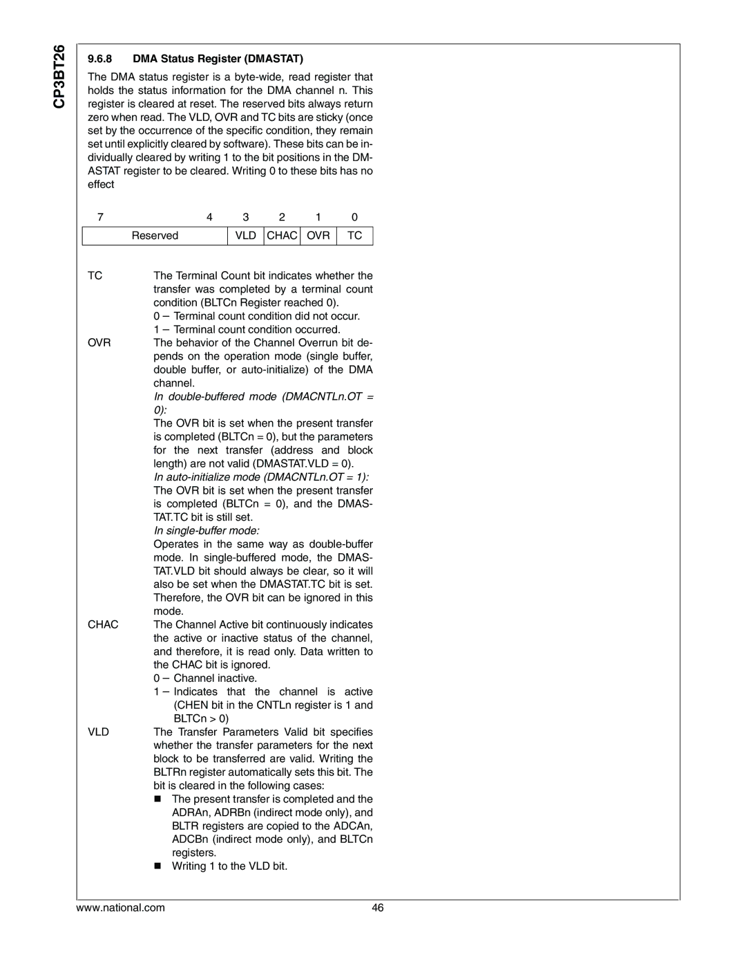 National CP3BT26 manual DMA Status Register Dmastat, VLD Chac OVR, Vld 