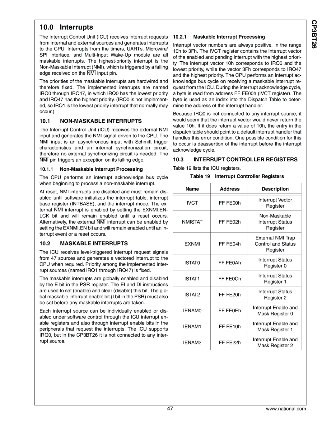 National CP3BT26 manual NON-MASKABLE Interrupts, Maskable Interrupts, Interrupt Controller Registers 