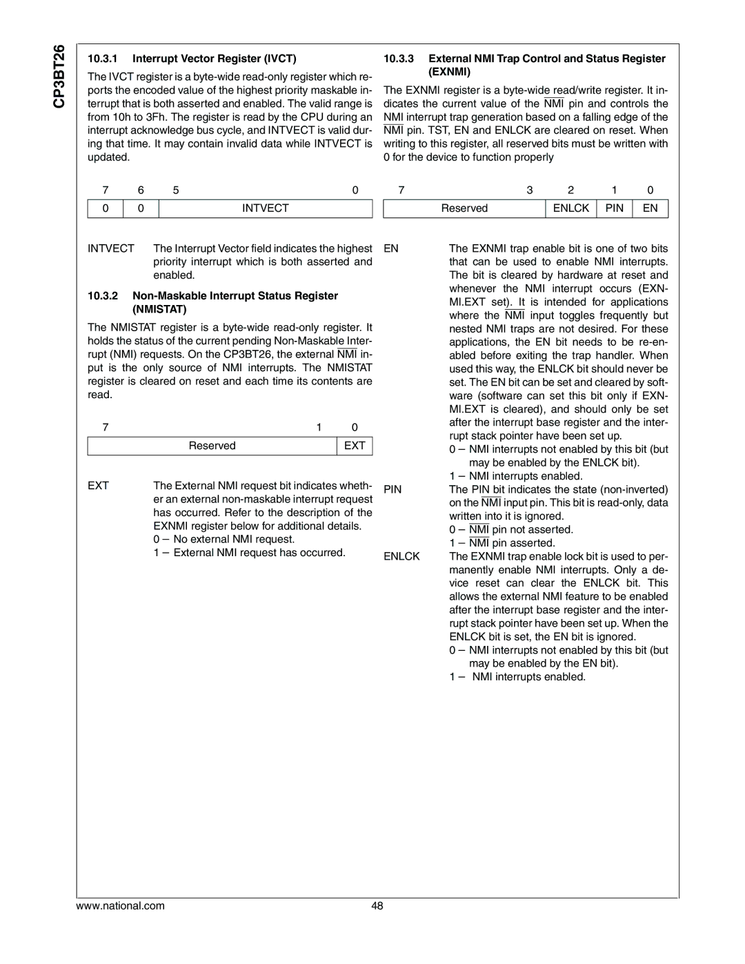 National CP3BT26 manual Interrupt Vector Register Ivct, External NMI Trap Control and Status Register Exnmi 