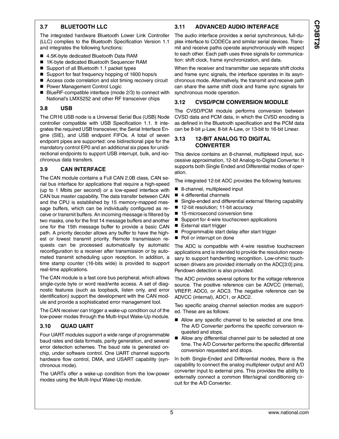 National CP3BT26 manual Bluetooth LLC, Can Interface, Quad Uart, Advanced Audio Interface, CVSD/PCM Conversion Module 