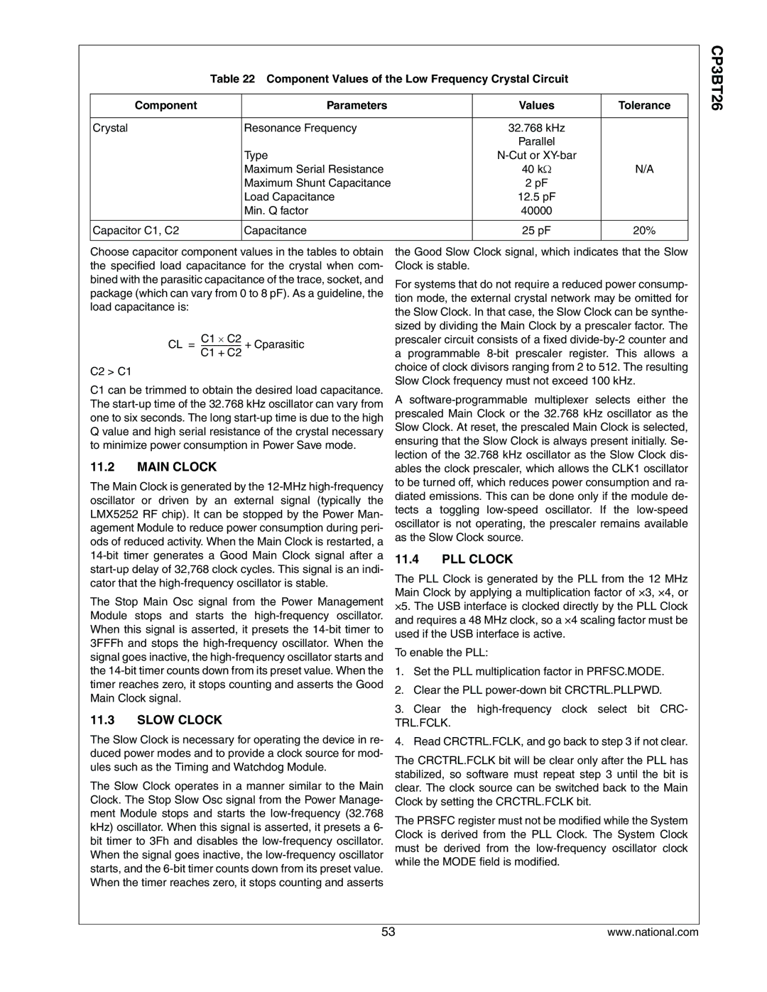 National CP3BT26 manual Main Clock, Slow Clock, PLL Clock, Min. Q factor, C1 + C2 C2 C1 