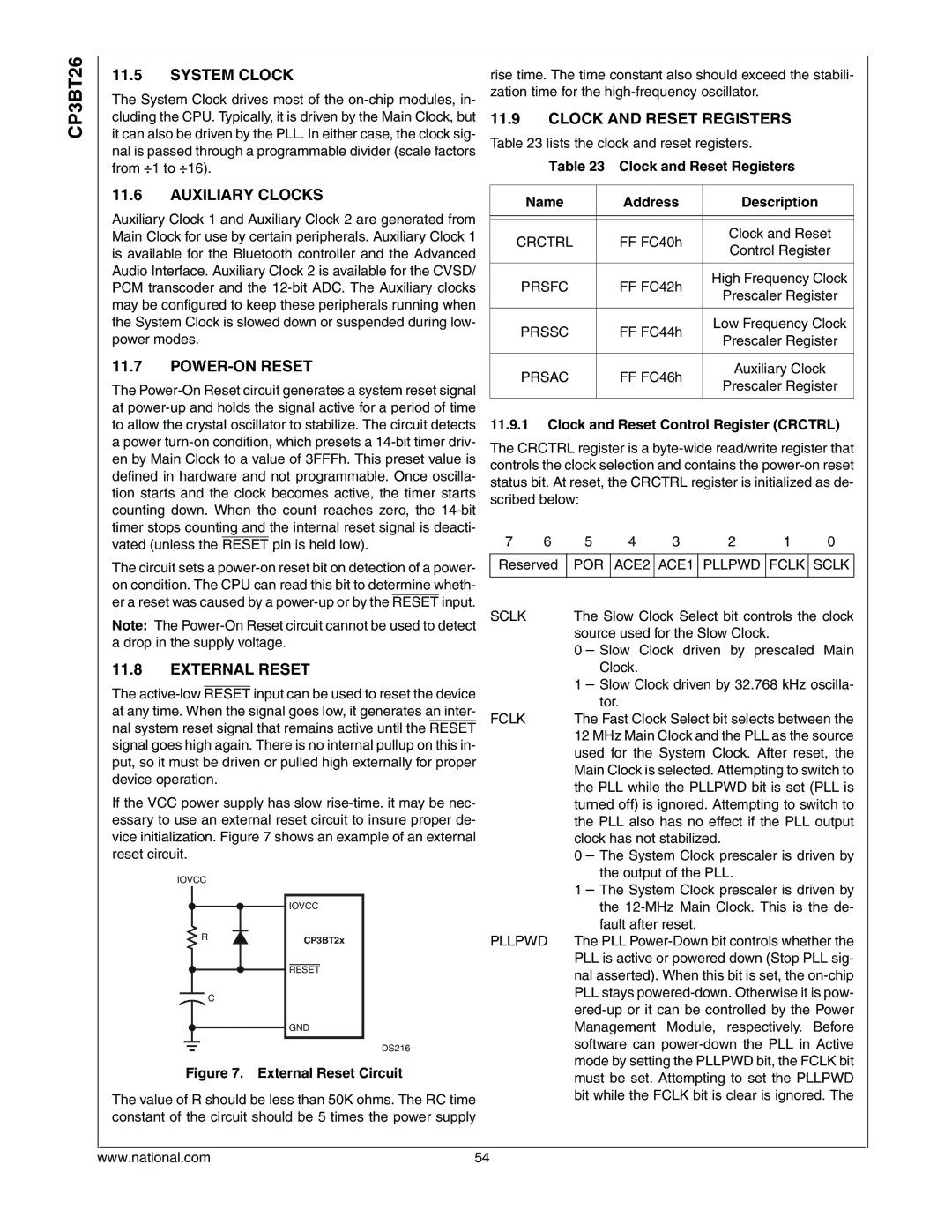 National CP3BT26 manual System Clock, Auxiliary Clocks, POWER-ON Reset, External Reset, Clock and Reset Registers 