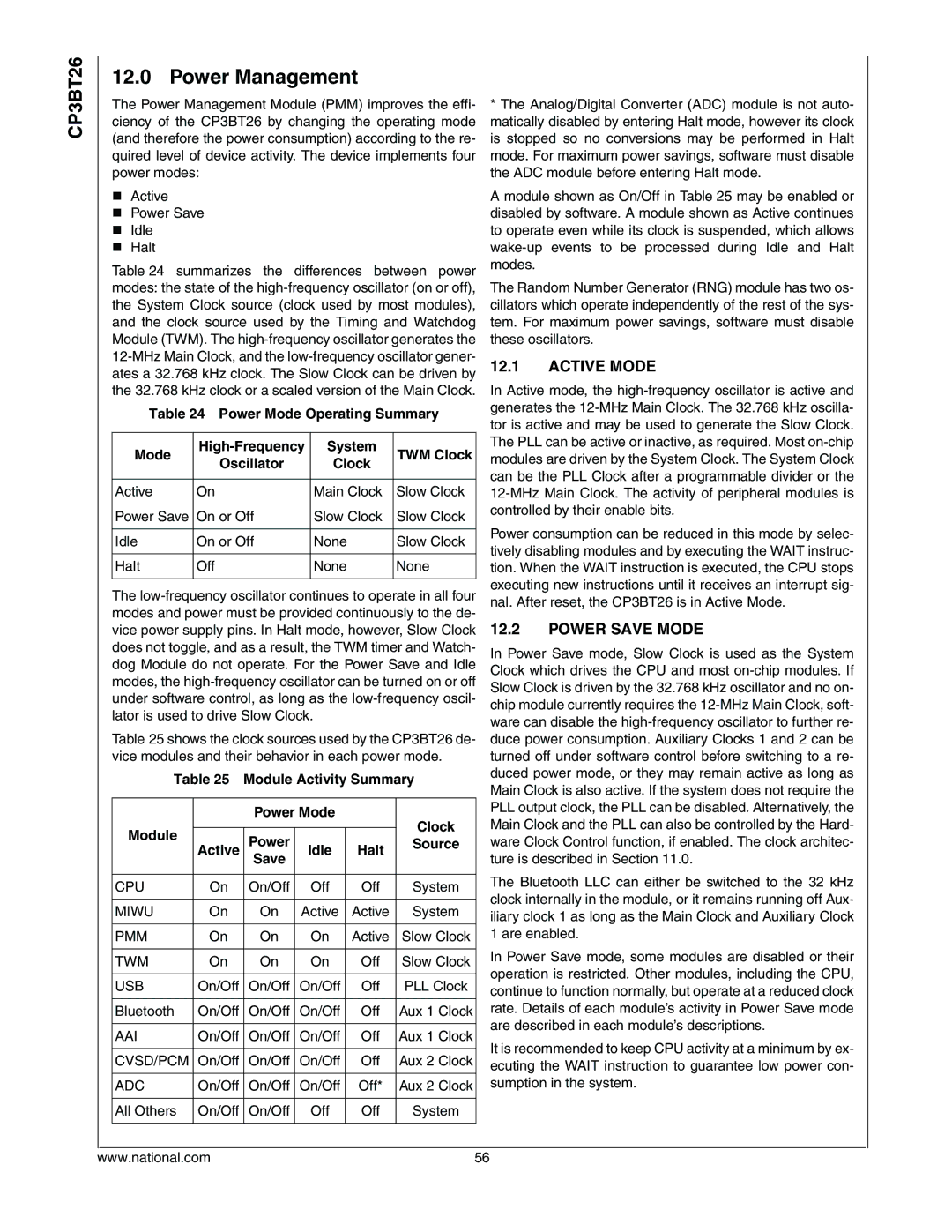 National CP3BT26 manual Power Management, Active Mode, Power Save Mode, Module Activity Summary Power Mode Clock 