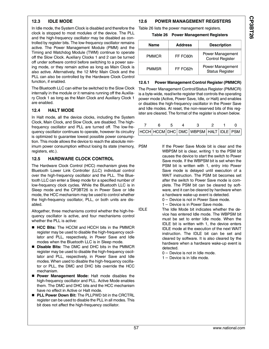 National CP3BT26 manual Idle Mode Power Management Registers, Halt Mode, Hardware Clock Control 