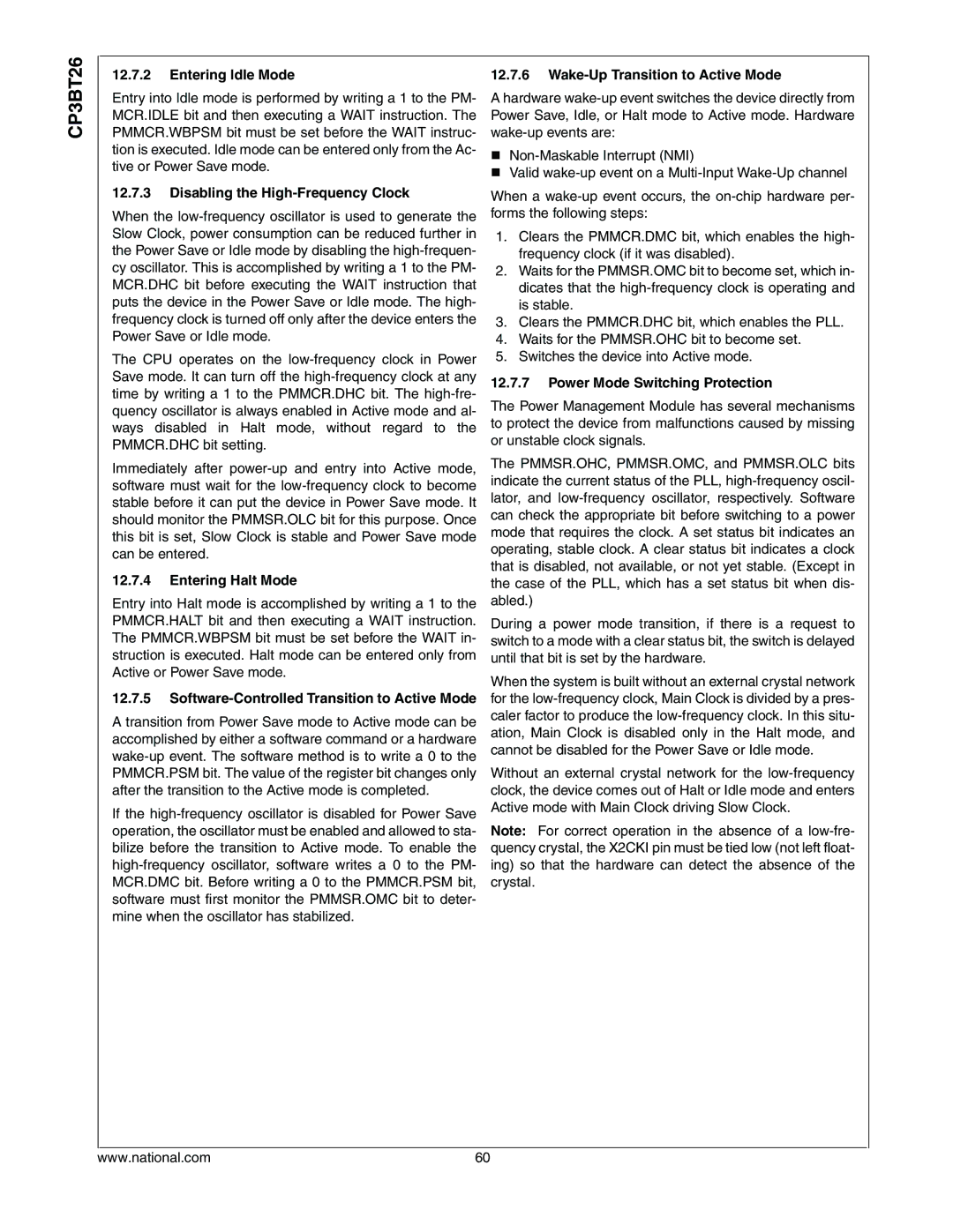 National CP3BT26 manual Entering Idle Mode, Disabling the High-Frequency Clock, Entering Halt Mode 