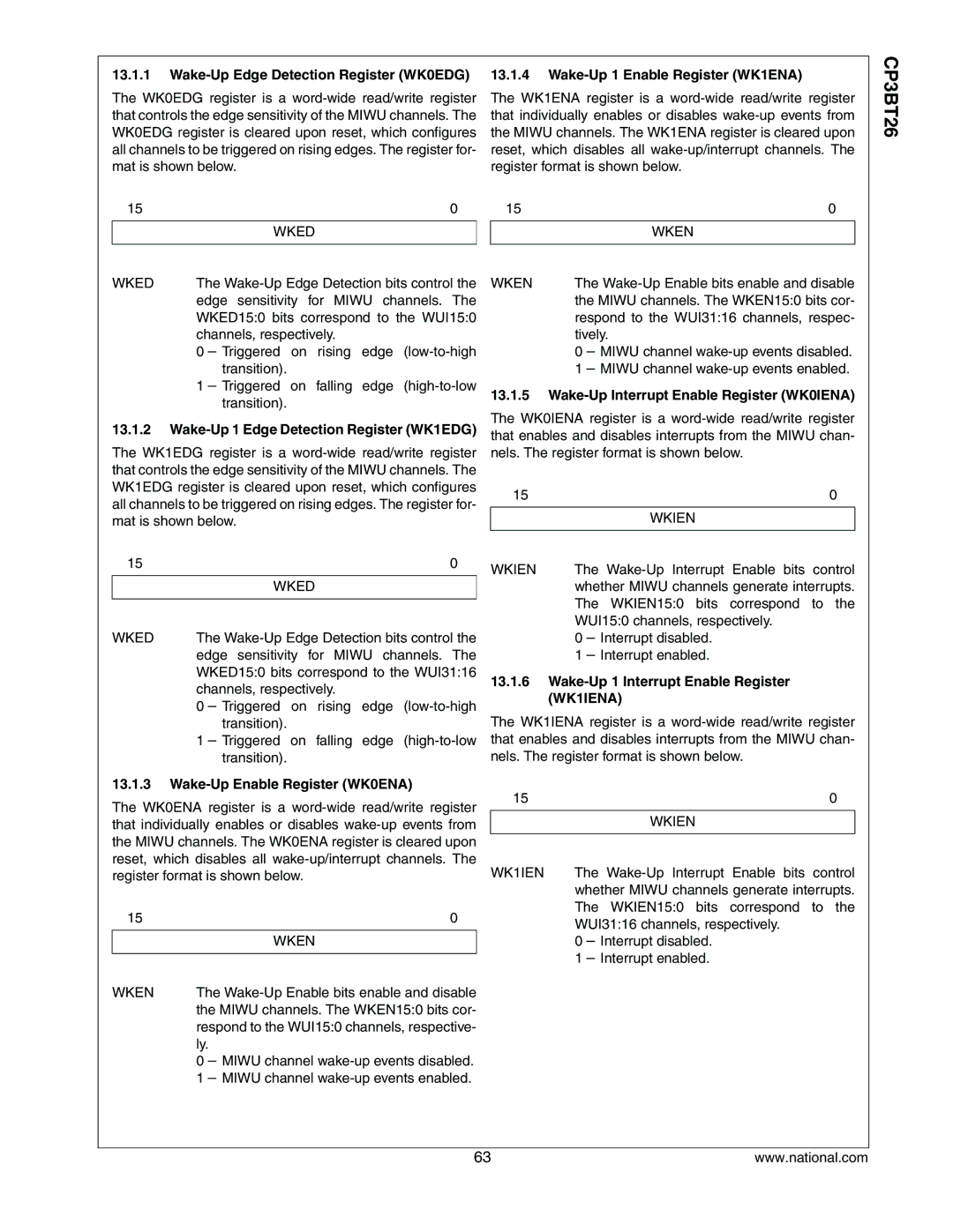 National CP3BT26 manual Wake-Up 1 Edge Detection Register WK1EDG, Wake-Up Interrupt Enable Register WK0IENA 