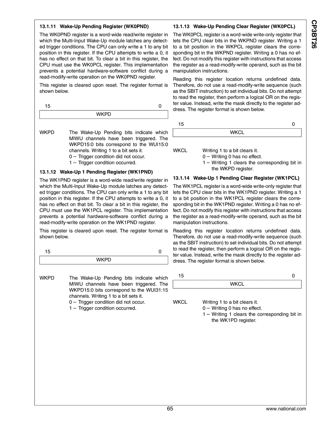 National CP3BT26 Wake-Up Pending Register WK0PND, Wake-Up Pending Clear Register WK0PCL, Wake-Up 1 Pending Register WK1PND 