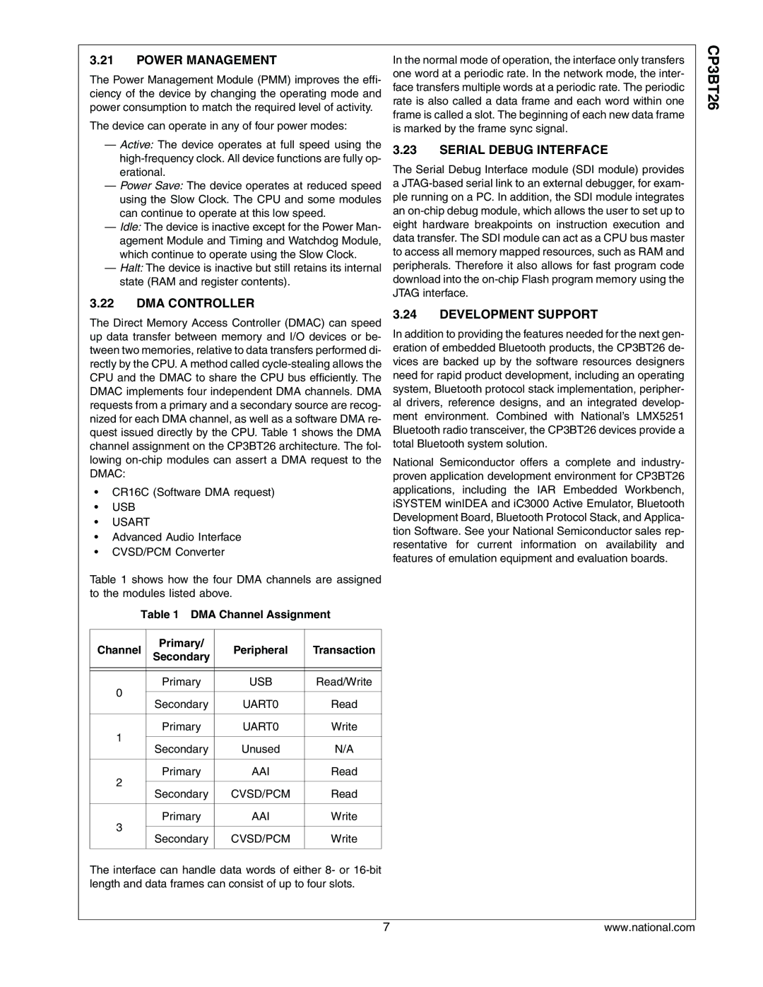 National CP3BT26 manual Power Management, DMA Controller, Serial Debug Interface, Development Support 