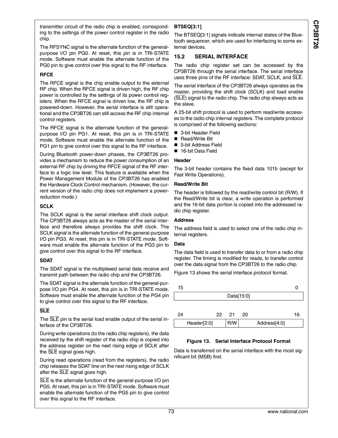 National CP3BT26 manual Serial Interface, Rfce, Sclk, Sdat, Sle 