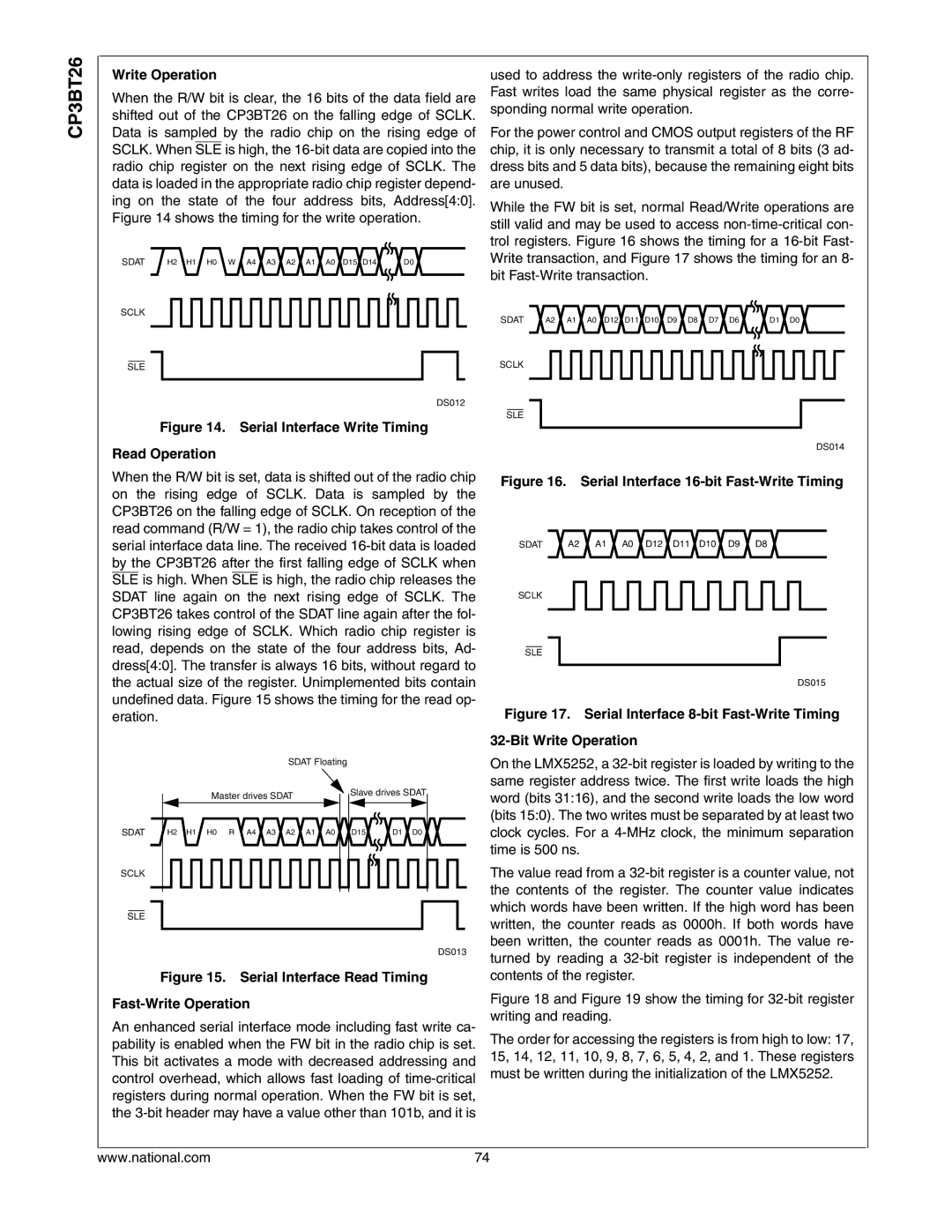 National CP3BT26 manual Write Operation, Serial Interface Write Timing Read Operation 