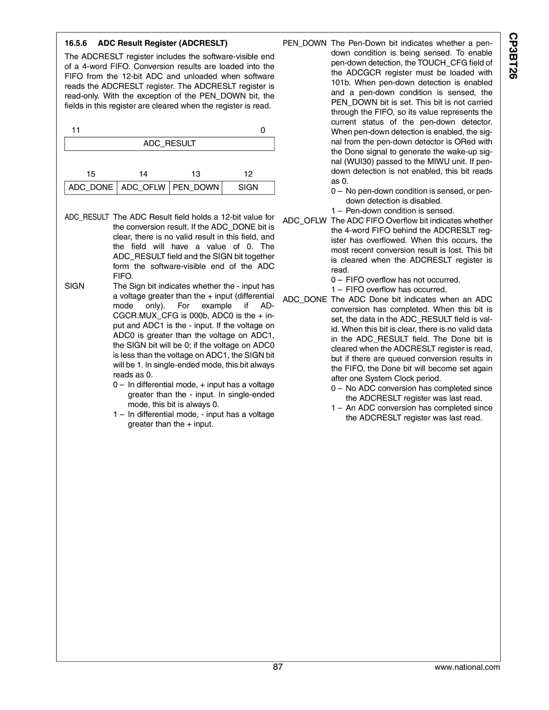 National CP3BT26 manual ADC Result Register Adcreslt, Adcresult, Adcoflw, Sign 