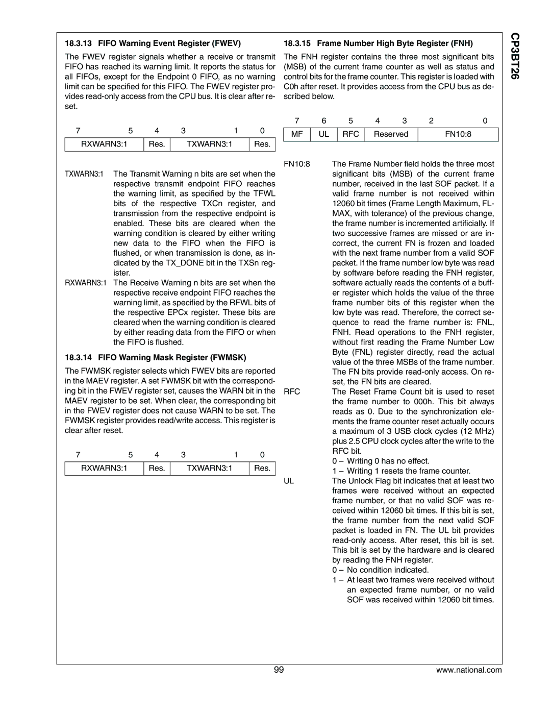 National CP3BT26 Fifo Warning Event Register Fwev, Frame Number High Byte Register FNH, Fifo Warning Mask Register Fwmsk 