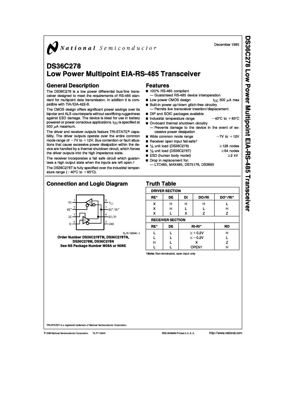 National manual DS36C278 Low, Power Multipoint EIA-RS-485, Transceiver, General Description, Features, Truth Table 