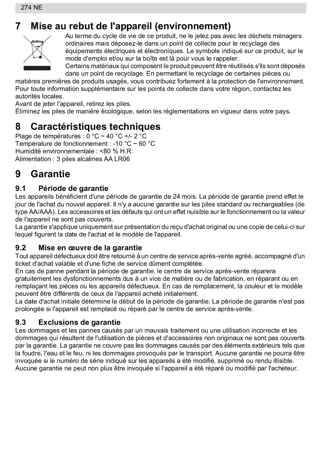 National Geographic 274NE manual Mise au rebut de lappareil environnement, Caractéristiques techniques, Période de garantie 