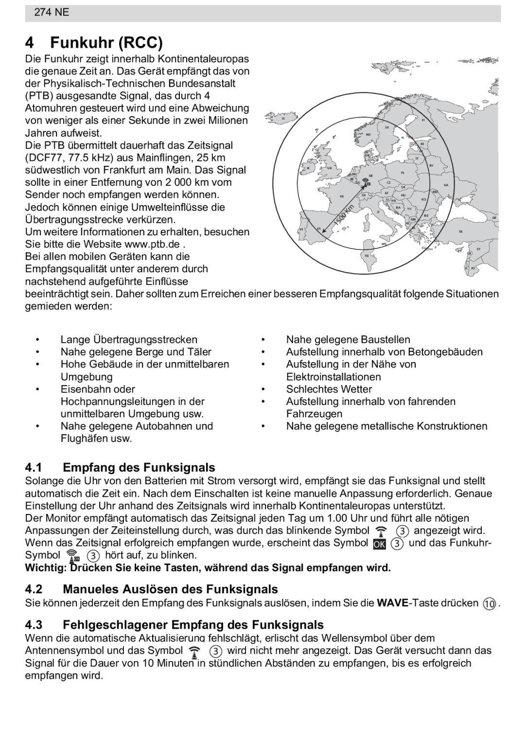 National Geographic 274NE manual Funkuhr RCC, Empfang des Funksignals, Manueles Auslösen des Funksignals 