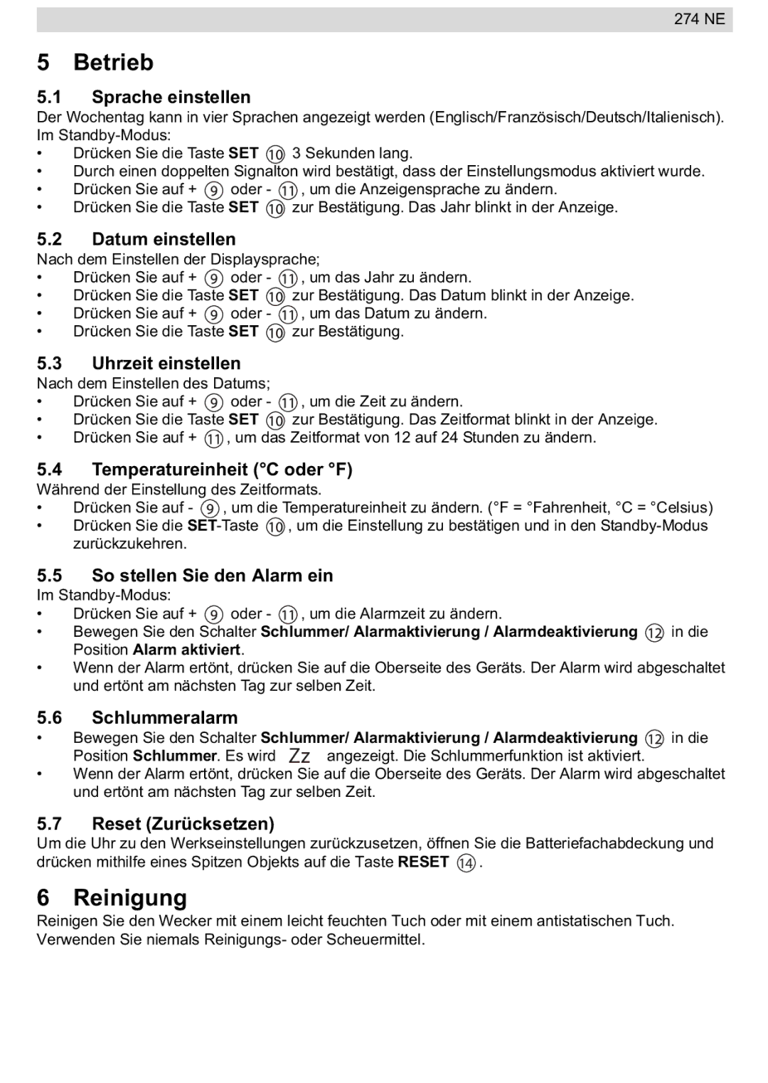 National Geographic 274NE manual Betrieb, Reinigung 