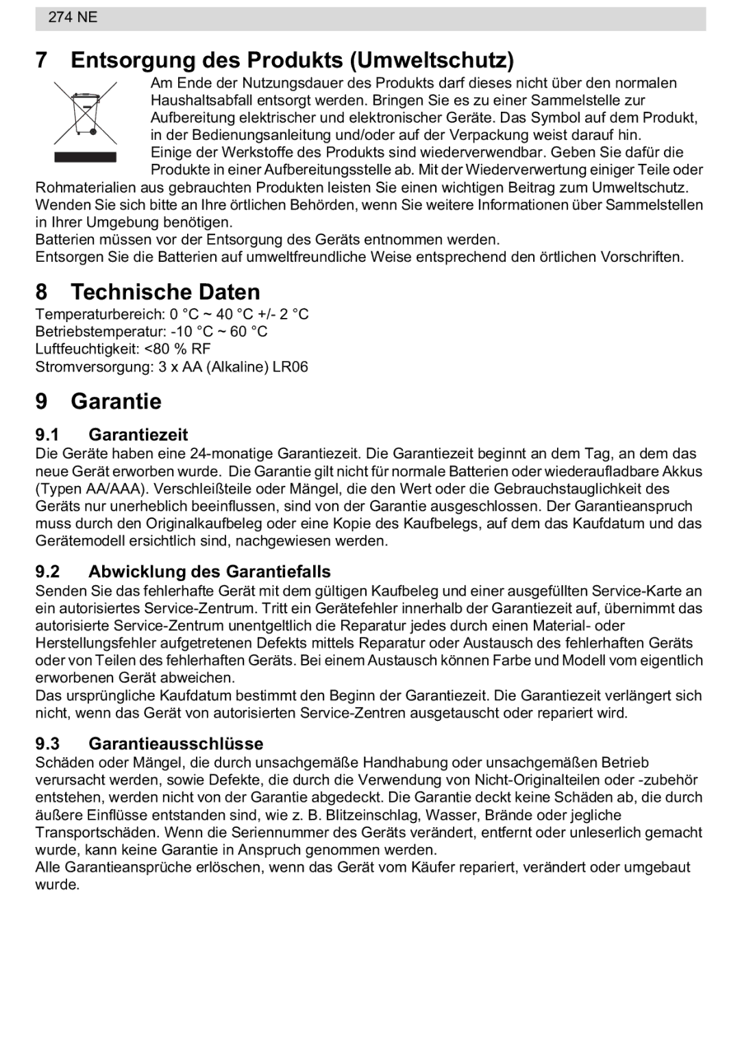 National Geographic 274NE manual Entsorgung des Produkts Umweltschutz, Technische Daten, Garantiezeit, Garantieausschlüsse 